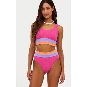 BeachRiot MACKENZIE SWIM TOP CORAL BAY COLORBLOCK SHINE SCRUNCH Top Sz L NWT